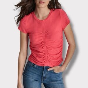 DKNY Coral Red Ruched Short Sleeve Cute Top NWT- Size Small